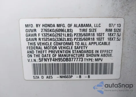 2013 Honda Pilot Touring из США, поврежденный, VIN 5FNYF4H95DB077773